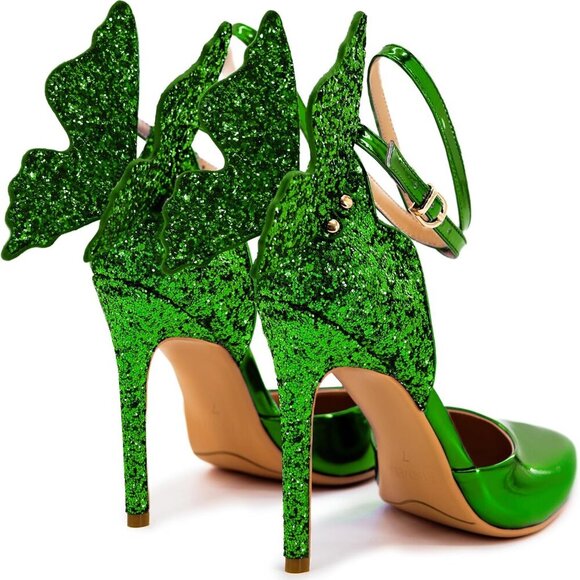Women’s Green Faux Leather High Heels 4.5in Stiletto Butterfly Ankle Strap - Picture 4 of 5